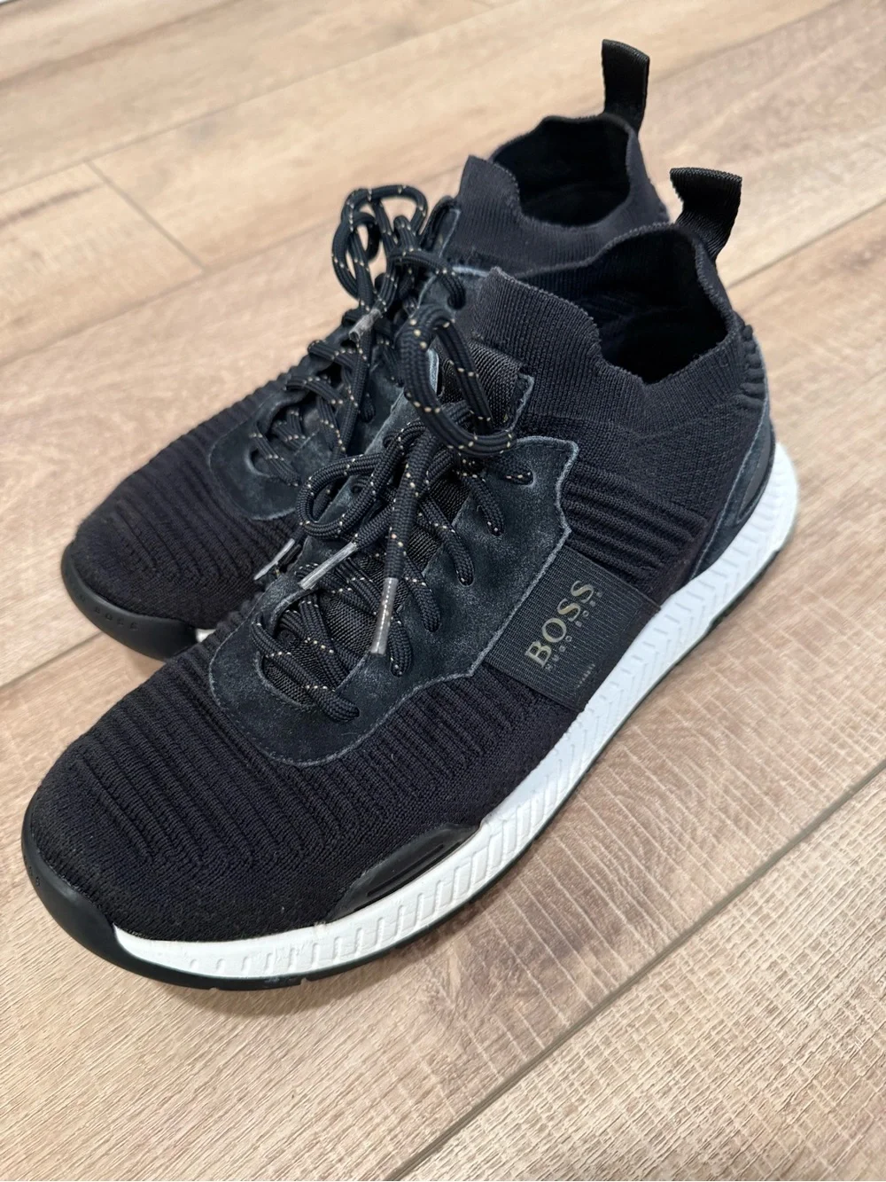 BOSS Black Knit Slip-On Lace Sneakers with White Sole